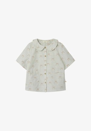 Žalios ir baltos juostelės trumpomis rankovėmis marškiniai su apykakle ir rožinio spalvos kaspinėlių raštu, pagaminti iš lengvos medžiagos, su dviem kišenėmis.