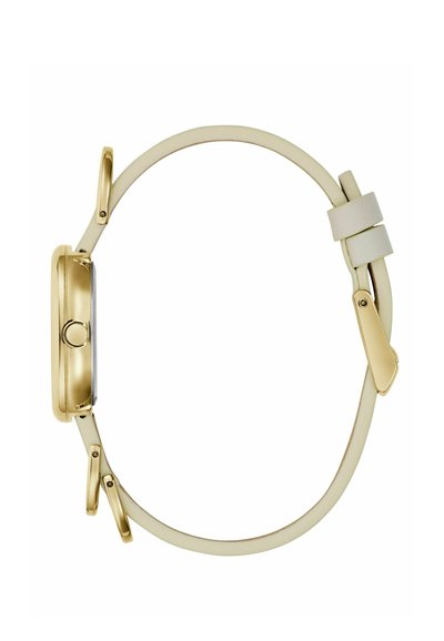 Goldfarbene Smartwatch mit rechteckigem Zifferblatt, hellbeigem Silikonarmband und goldenem Verschluss. Glatte Oberfläche und minimalistisches Design.