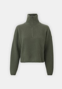Rippenschneider, olivgrüner Pullover mit hohem Kragen und halbem Reißverschluss. Weite Ärmel und verkürzte Passform. Weiches Material.