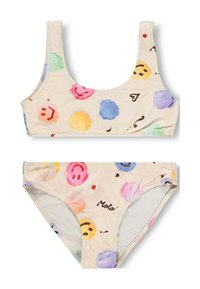 Beige bikini met kleurrijke, handgeschilderde glimlachende gezicht stippen en verspreid over de stof kleine abstracte vormen.