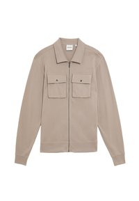 Beige zip-up jacka i mjukt tyg, med krage, två framfickor med lock och ribbad mudd och underkant.