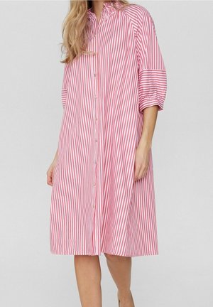 Rot-weiß gestreiftes Hemdkleid mit Kragen, kurzen Puffärmeln, Knopfleiste vorne und lockerem Schnitt. Weiche Stoffstruktur.