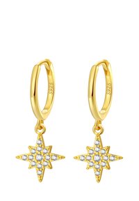 Goldfarbene Creolen mit einem sternförmigen Anhänger, versehen mit klaren Strasssteinen, die in einem strukturierten, spitzen Design eingesetzt sind. Marken: S925.