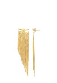 Gouden oorbellen met een lang franjes ontwerp met gelaagde kettingen, en een slanke post voor een veilige bevestiging.