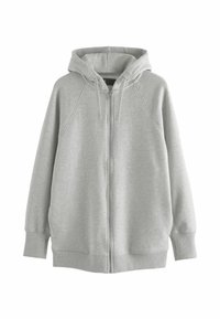 Lichtgrijze hoodie met rits, gemaakt van een katoenmix, met een capuchon, raglanmouwen en ribgebreide manchetten en zoom. Geen zichtbare patronen of logo's.