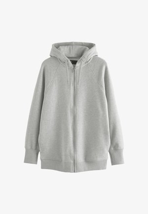 Svijetlo siva zip-up majica izrađena od mješavine pamuka, s kapuljačom, raglan rukavima i rebrastim manžetama i rubovima. Nema vidljivih uzoraka ili logotipa.