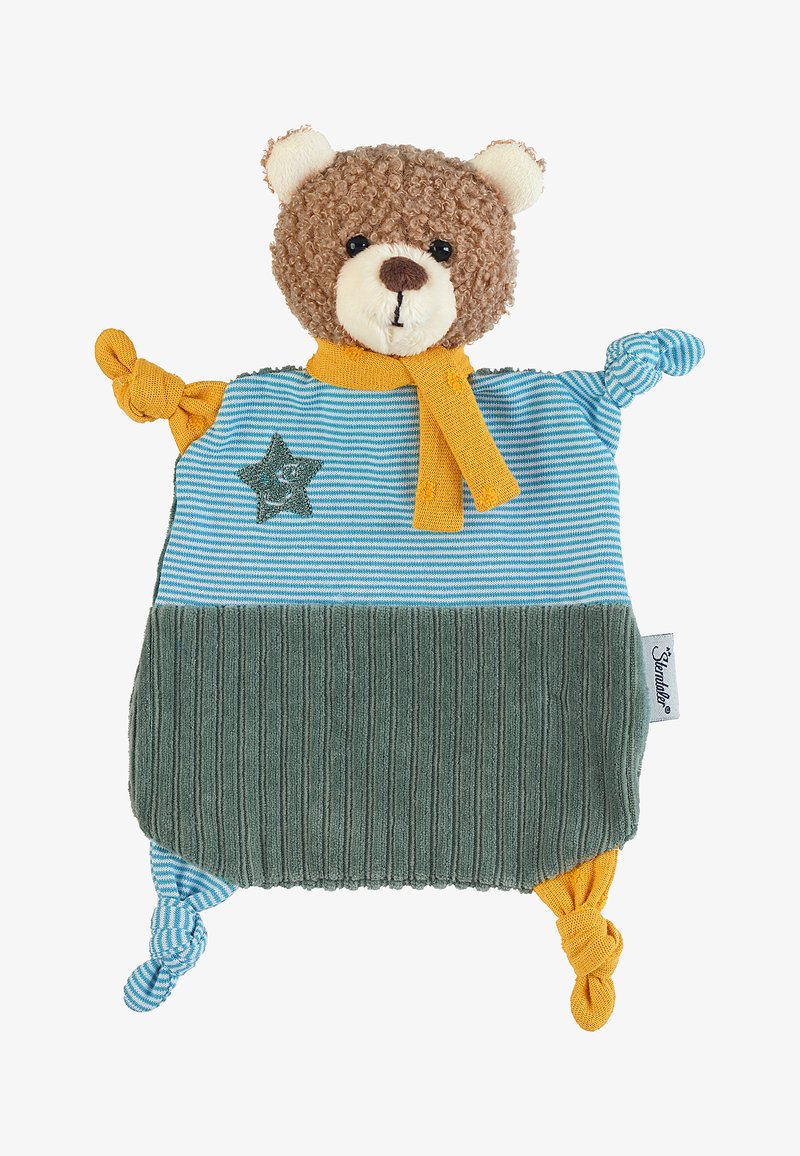 Soft fabric comforter in blue and green with a bear head, golden scarf, star embroidery, and knotted arms. Textured and machine washable.