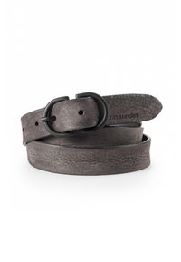 Grijze leren riem met een gestructureerde afwerking, uitgerust met een zwarte metalen ovalen gesp en een gestikte randafwerking. Flexibel en verstelbaar.