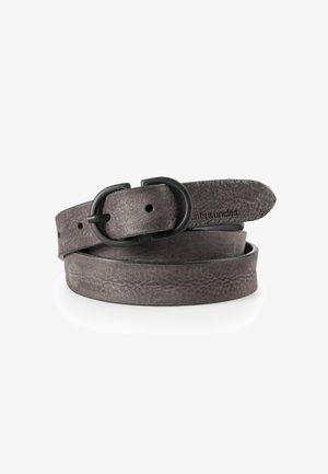 Gray leather belt with a textured finish, featuring a black metal oval buckle and a stitched edge detail. Flexible and adjustable.