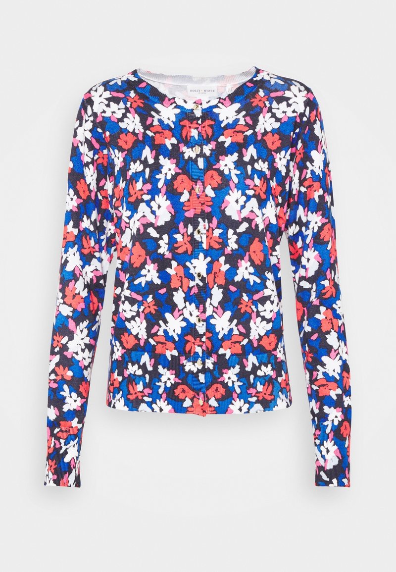 Cardigan boutonné à manches longues avec un motif floral rouge, blanc et bleu vif sur fond noir.