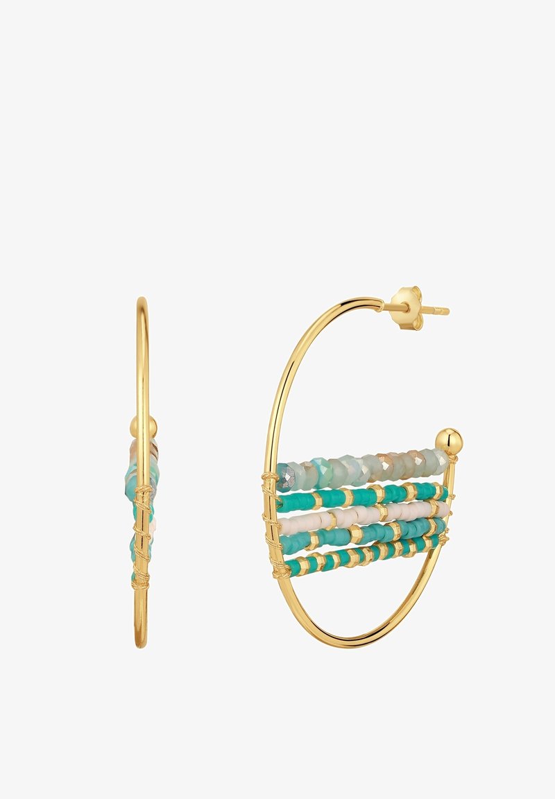 Orecchini a cerchio in oro con perline multicolori in verde acqua, bianco e rosa, caratterizzati da un design testurizzato e chiusura posteriore sicura.