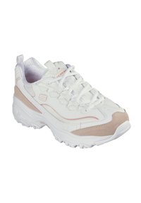 Bílé a béžové sportovní boty s texturovaným koženým a síťovaným svrškem, šněrovací design, robustní podešev a jemné logo na jazyku.