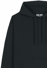 Felpa nera con cappuccio realizzata in un tessuto con una morbida texture. Presenta una tasca a marsupio, un cappuccio con cordino e include un marchio vicino al collo.
