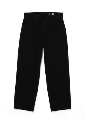 Jeans dritti in denim nero con chiusura a bottone, cinque tasche e una texture liscia. Etichetta visibile all'interno della cintura che mostra la taglia 32.