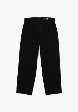 Schwarze Baumwolljeans im Straight-Leg-Stil mit Knopfverschluss, fünf Taschen und glatter Textur. Das Etikett im Inneren des Bundes zeigt die Größe 32.