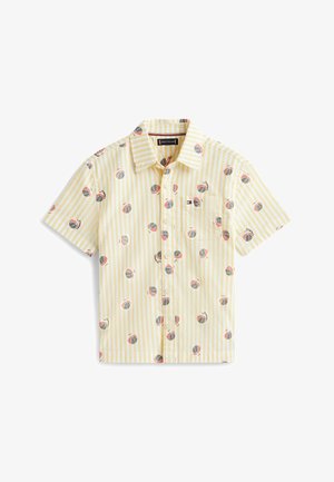 Camicia a maniche corte con bottoni, a righe verticali gialle e piccoli motivi colorati di pallacanestro, taschino sul petto con logo.