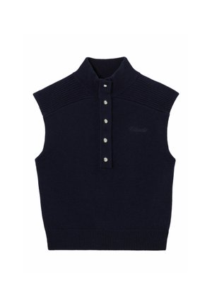 Donna con lunghi capelli neri che indossa un maglione senza maniche blu navy, una camicia bianca a maniche corte, una gonna plissettata marrone, mocassini neri e tiene una borsa marrone.
