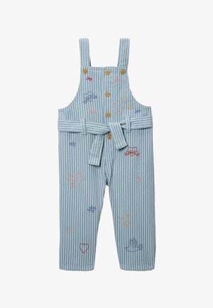 Salopette pour enfants rayée bleu et blanc avec bretelles, boutons en bois, ceinture en tissu nouée et petits motifs brodés.