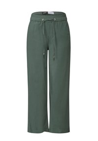 Pantalon large vert en tissu léger, doté d'une taille élastique avec cordon de serrage et de deux poches latérales pour plus de commodité.