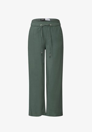 Grüne weitgeschnittene Hose aus leichtem Stoff, mit einem elastischen Bund und Kordelzug sowie zwei Seitentaschen für zusätzlichen Komfort.