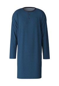 Camicia da notte a maniche lunghe di colore blu navy con una stampa geometrica bianca. Presenta un collo rotondo e due bottoni decorativi al colletto.