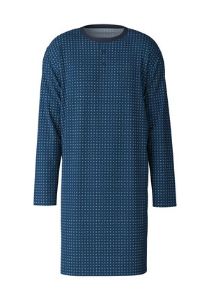 Langärmliges Nachthemd in Marineblau mit einem weißen geometrischen Muster. Verfügt über einen runden Ausschnitt und zwei Knopfdetails am Kragen.