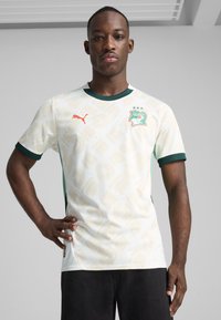 Puma sportska majica u bijeloj boji s bež apstraktnim uzorcima, zelenim detaljima i grbom na lijevoj strani prsiju. Ima okrugli izrez i kratke rukave.