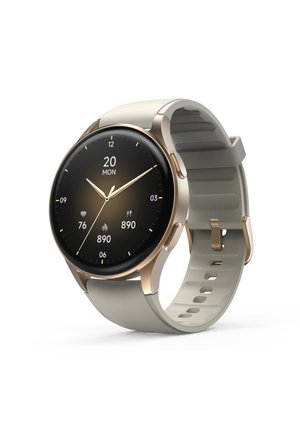 Smartwatch mit rundem schwarzem Bildschirm, der Zeit, Datum, Herzfrequenz, Schritte, Kalorien anzeigt, und einem beigen Silikonarmband mit goldfarbenem Gehäuse.