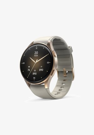 Smartwatch mit rundem schwarzem Bildschirm, der Zeit, Datum, Herzfrequenz, Schritte, Kalorien anzeigt, und einem beigen Silikonarmband mit goldfarbenem Gehäuse.