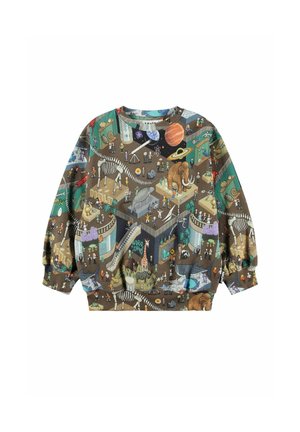Sweatshirt med farverige museums-scener, der viser dinoskelet, forhistoriske dyr, planeter og små menneskefigurer overalt.