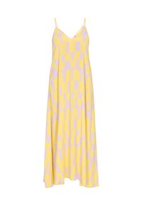 Gelbes und lavendelfarbenes ärmelloses Kleid mit V-Ausschnitt, ausgestattet mit einem geometrischen Muster und fließender A-Linie. Hergestellt aus leichtem Stoff.