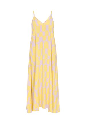 Rochie fără mâneci, galbenă și lavandă, cu decolteu în V, având un model geometric și o siluetă A-line fluidă. Confecționată dintr-un material ușor.