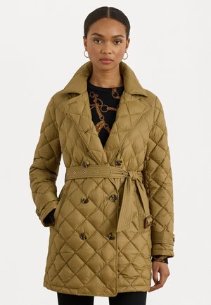 Quilted olive green trench coat with a collar, belt, double-breasted buttons, and side pockets. Features a textured surface and tailored fit.