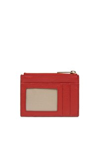 Portafoglio in pelle rossa con finitura testurizzata, una tasca trasparente per documento d'identità, tre tasche per carte e un compartimento con zip.