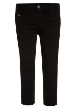 Czarne jeansy slim-fit z przednim guzikiem, zamkiem błyskawicznym oraz przednimi i tylnymi kieszeniami, zaprojektowane dla dzieci lub małych rozmiarów.