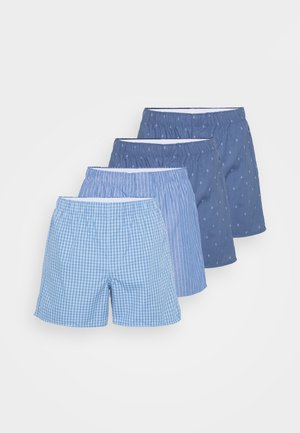 Blaues Boxershorts-Set mit einem hellblauen Karo-Muster, vertikalen Streifen und einfarbigen Tönen mit kleinen Punkten. Elastischer Bund.