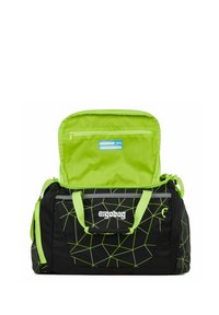Borsa a spalla nera con motivo geometrico verde, chiusura con zip superiore, doppio manico e un interno verde brillante con una tasca interna.