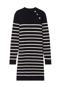 Robe pull rayée en bleu marine et crème, avec des manches longues, un col rond et trois boutons décoratifs à l'épaule. Tissu en tricot doux.