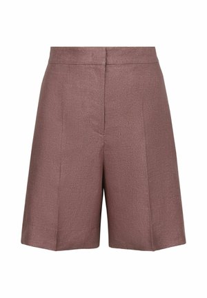 Højtaljede støvede lilla shorts med en subtil vævet tekstur og strukturerede forreste læg, vist mod en ensfarvet hvid baggrund.