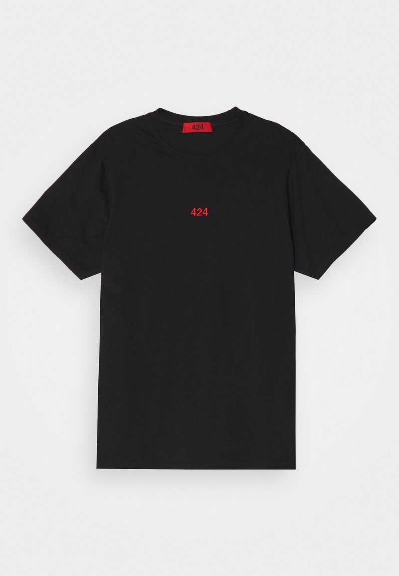 T-shirt en coton noir avec un col rond, des manches courtes et un logo "424" imprimé en rouge sur la poitrine. Texture lisse, design simple.