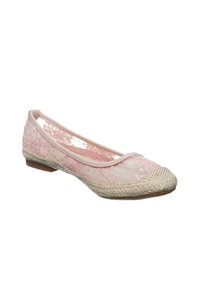 Bailarinas de encaje rosa con suela de yute trenzada y punta redondeada. Patrón floral delicado sobre la parte superior de malla transparente. Tacón plano.