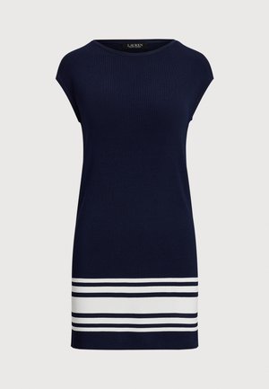 Tumesinine kudumkleit lühikeste varrukatega, ümmarguse kaelusega ja valgete horisontaalsete triipudega allääres. Sile tekstuur ja sobiv disain.