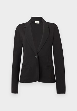 Sort blazer med single knapp, hakkeslag og to fremre lommer, lange ermer og innsvinget midje.