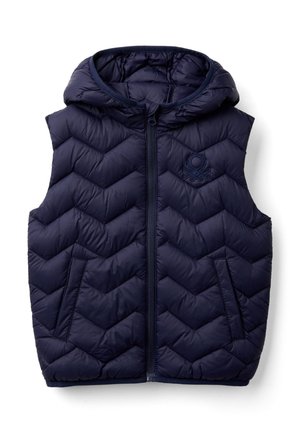 Marineblaue gesteppte ärmellose Weste mit Frontreißverschluss, Kapuze, Seitentaschen und gesticktem Logo auf der linken Brust.
