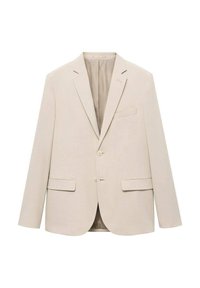 Beige Sakko mit tailliertem Schnitt, einreihigem Design, Reverskragen, zwei Fronttaschen und subtiler Textur. Dreiknopfverschluss.