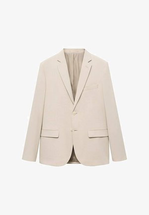 Blazer beige con un ajuste entallado, diseño de un solo botón, solapas con muesca, dos bolsillos frontales y textura sutil. Cierre de tres botones.