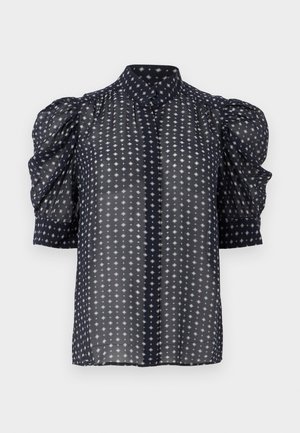 Prozirna tamnoplava bluza s nabranim kratkim rukavima i geometrijskim uzorkom rombova, s visokim ovratnikom i kopčanjem na gumbe sprijeda.