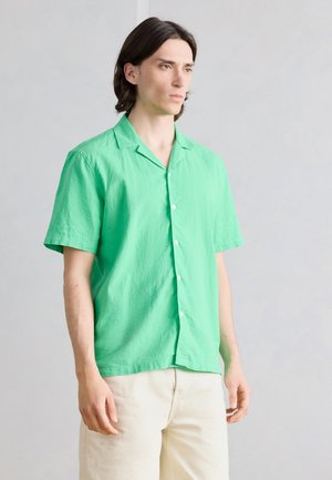 Νέος μεσαίου μήκους σκουρόχρωμα μαλλιά που φοράει πράσινο πουκάμισο με κοντά μανίκια και ανοιχτόχρωμο παντελόνι, στέκεται μπροστά σε απλό φόντο.