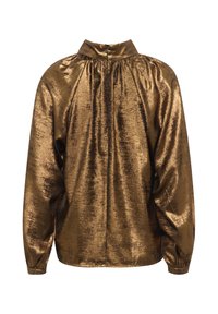 Blusa metallizzata bronze a maniche lunghe con colletto alto, dettaglio arricciato sul retro e polsini aderenti. Texture liscia con finitura lucida.