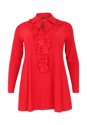 Rode blouse met lange mouwen en een gerafelde kraagdetail. Gemaakt van gladde stof, met een knoopsluiting bij de hals en een uitlopende silhouet.